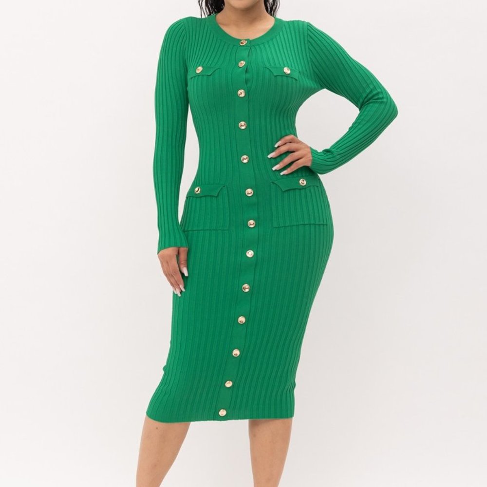 NWT Kelly Green Gold Button Ribbed Knit Bodycon Midi Dress